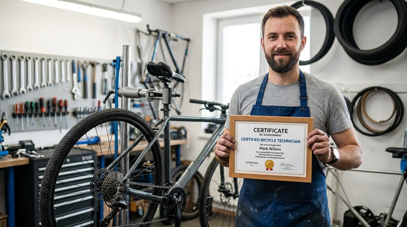 A bicycle mechanic displays his certification
