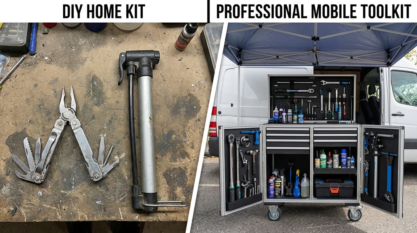 A comparison showing a home DIY bike repair setup with basic tools alongside a professional mobile mechanic workstation with specialized equipment