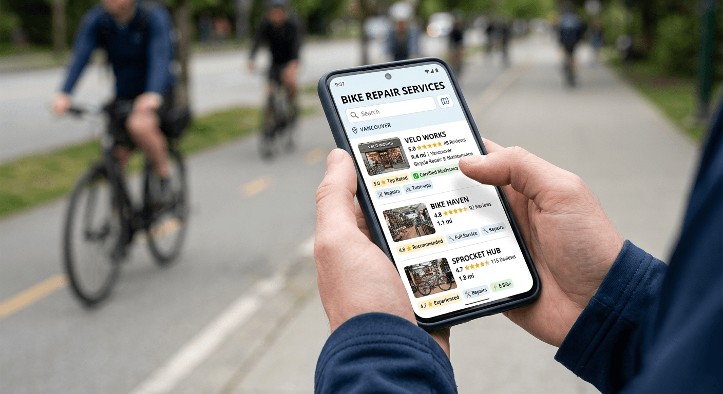 A man searches Bike Repair Services on his smartphone while cyclists ride by.