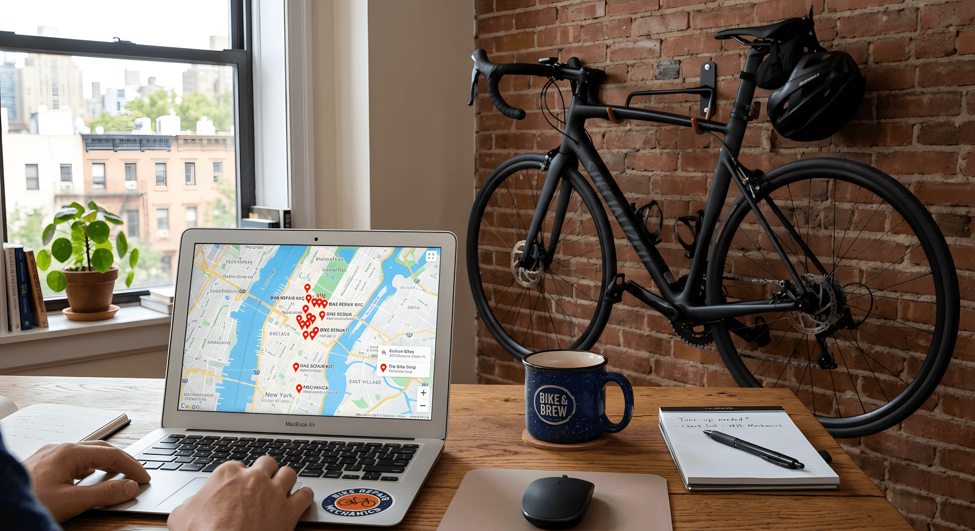 A laptop shows Google Maps for Manhattan with pins for mobile bike mechanics. A bike hangs on the wall.