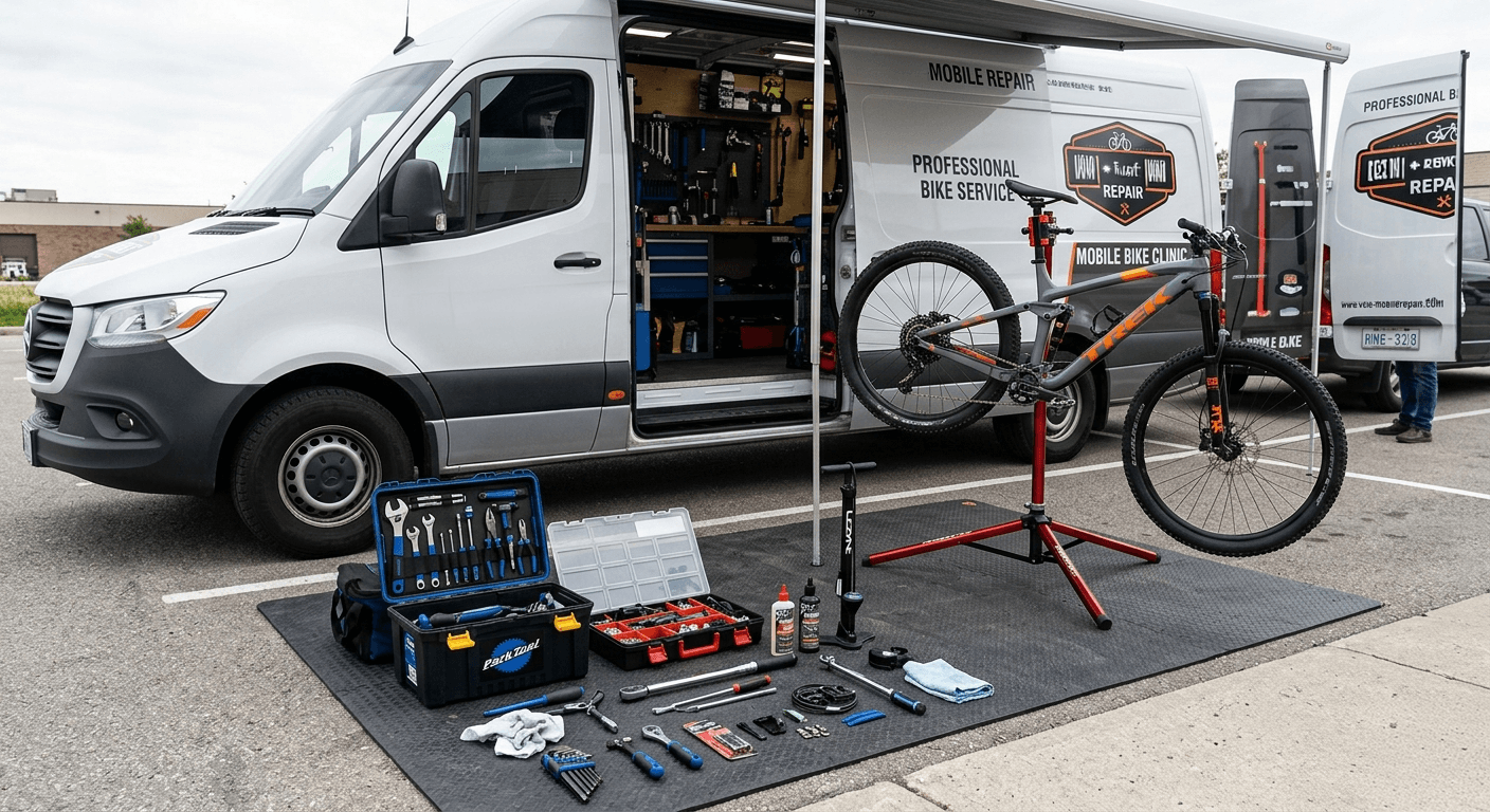 Outside a van with a canopy sits the tools of a bike mechanic and a bike being serviced on a bike stand.