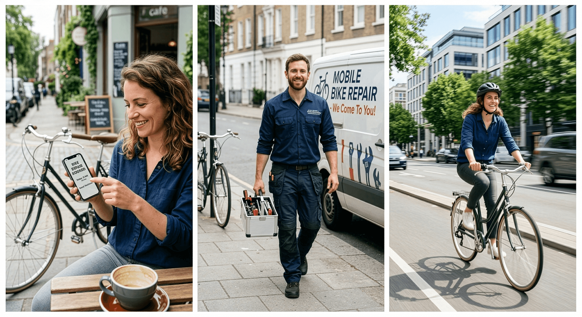 3 panels show a woman searching for a mobile bicycle mechanic, him arriving, and her riding away on her fixed bike