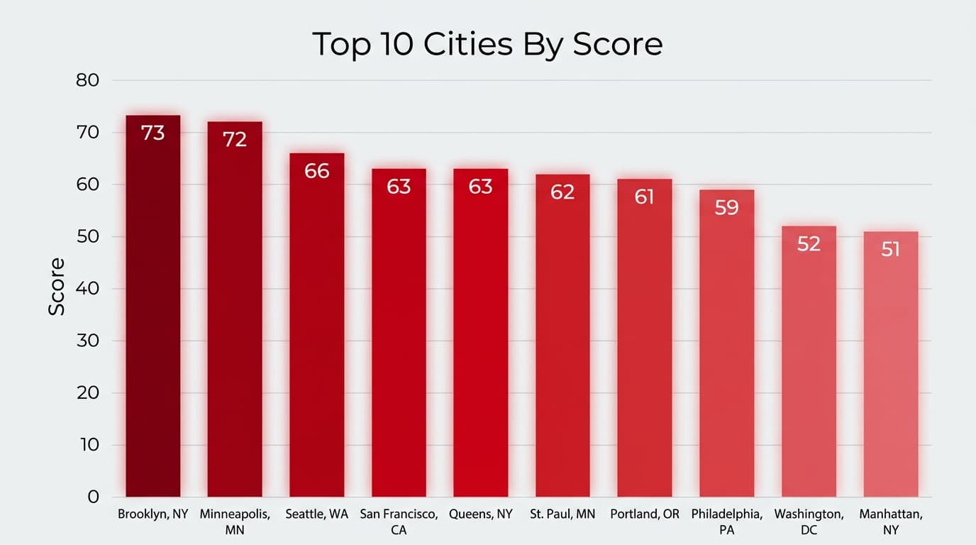Top 10 Large Cities bar chart showing scores